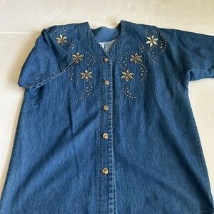 Blue Denim Blouse with Metallic Embellishments